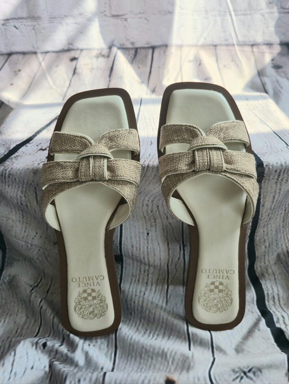 Vince Camuto Natural Beige Linen Knot Slide Mules